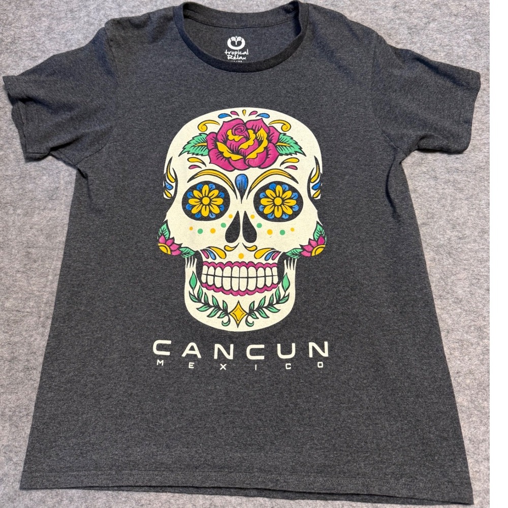Tropical Relax Cancun Mexico Sugar Skull Graphic T-Shirt Mens Medium Gray Cotton